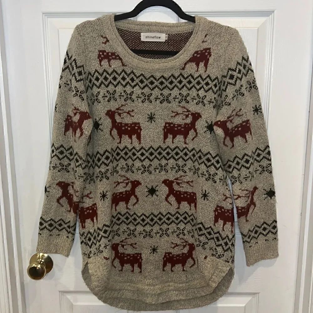 Shineflow Reindeer Patterned Knit Sweater Long Beige Red Small - Picture 12 of 13